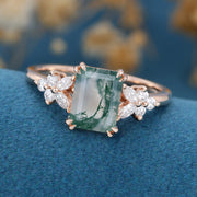 Natural Green Moss Agate Emerald cut cluster Engagement Ring 