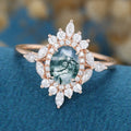 Oval Cut Natural Green Moss Agate Cluster Engagement Ring 