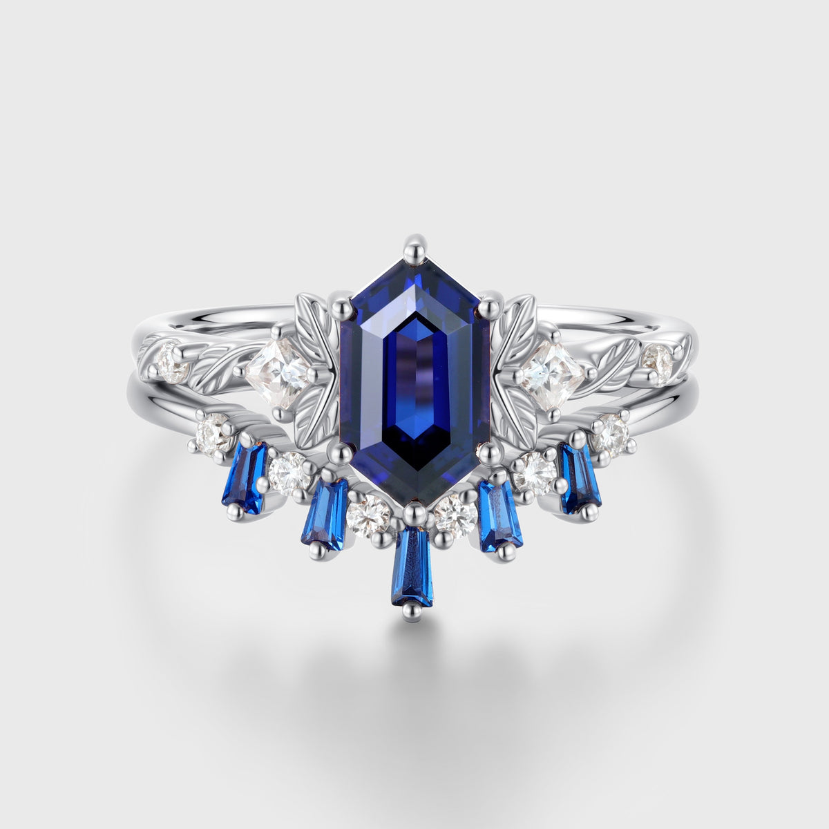 Hexagon cut Sapphire Leaf Vine Split Shank Bridal Set