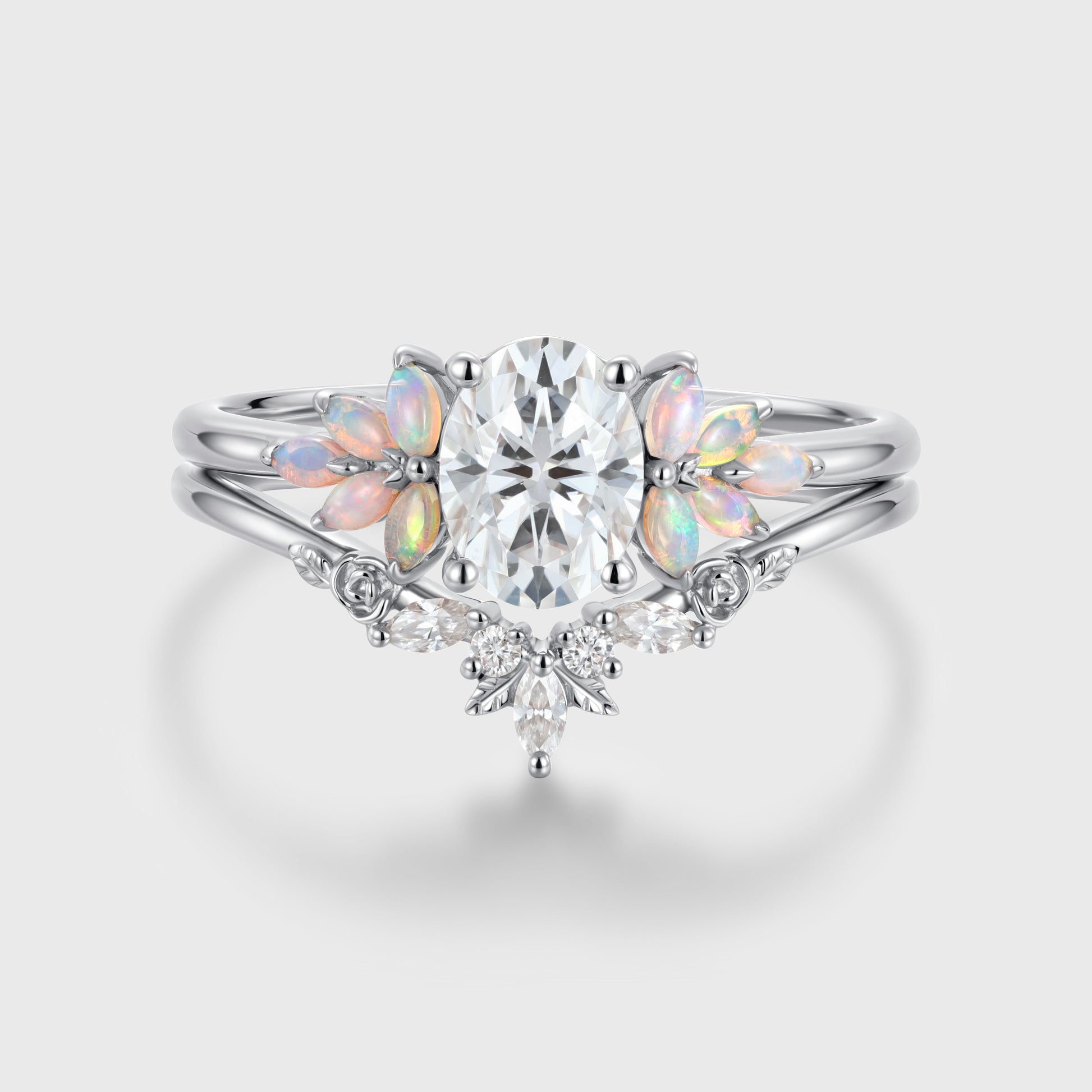 Oval Cut Moissanite+Opal Rose Gold Wedding Bridal set