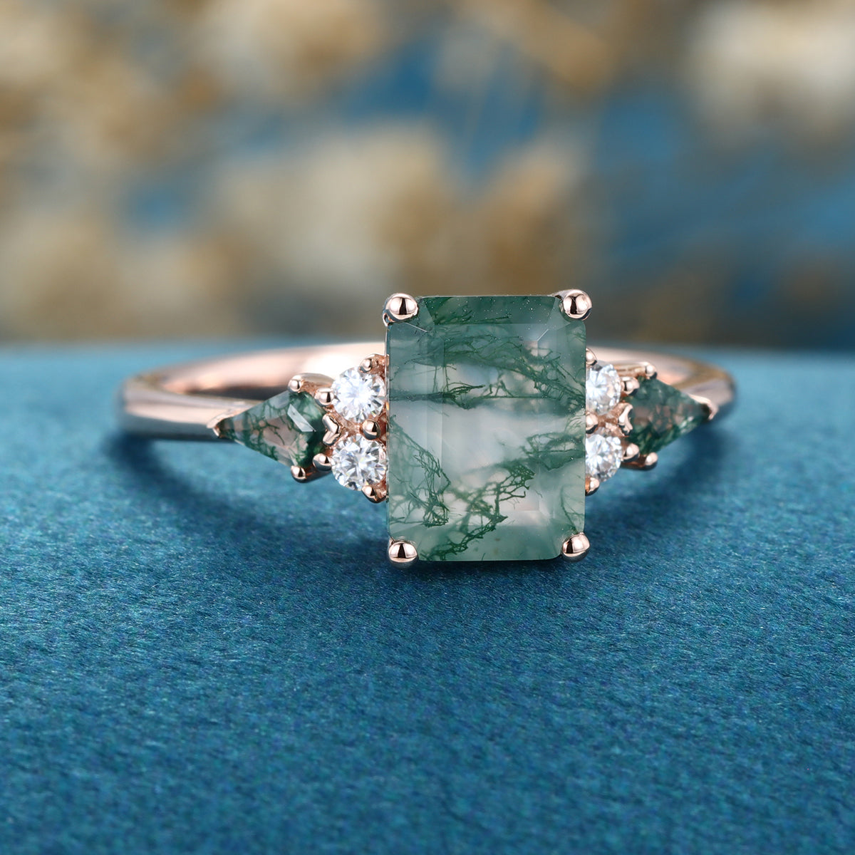 Emerald cut Moss Agate Solid Gold Engagement Ring