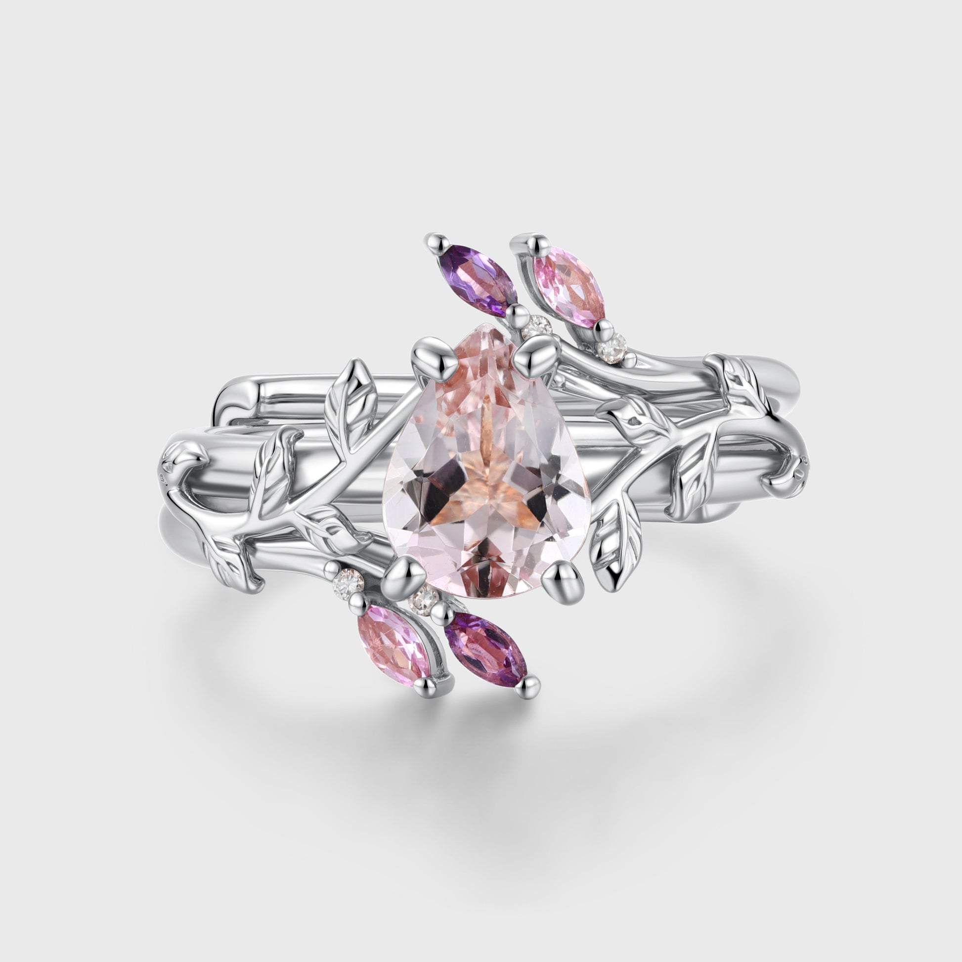 Inspired Pear cut Morganite Solid Gold Wedding Bridal Set