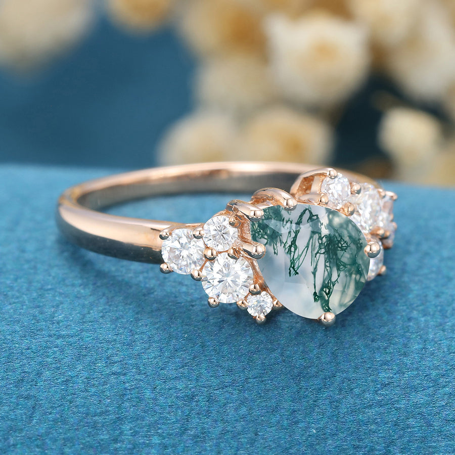 Pear Cut Natural Green Moss Agate Cluster Engagement Ring 