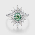 Bezel Set Round cut Halo Moss Agate Gold Engagement Ring