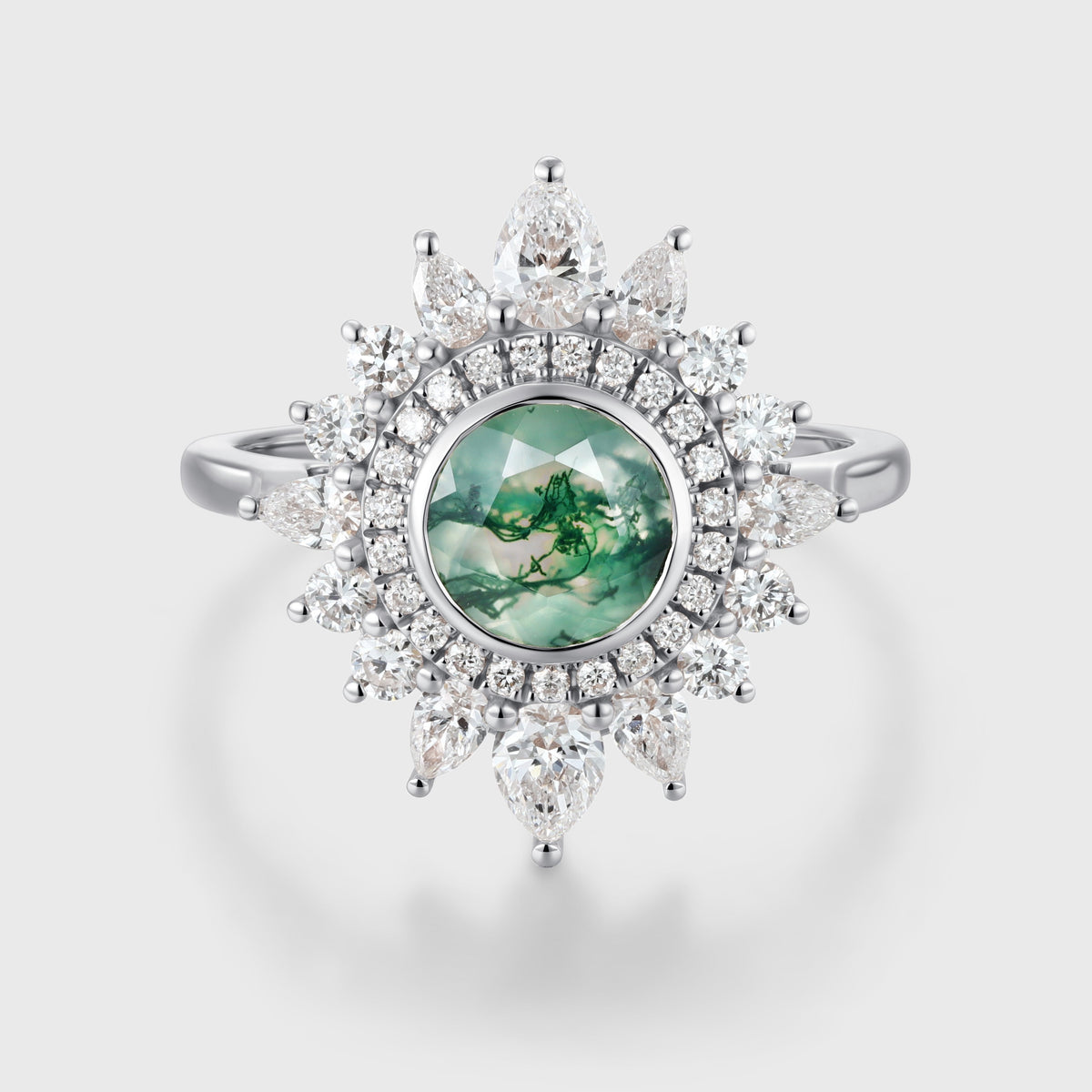 Bezel Set Round cut Halo Moss Agate Gold Engagement Ring