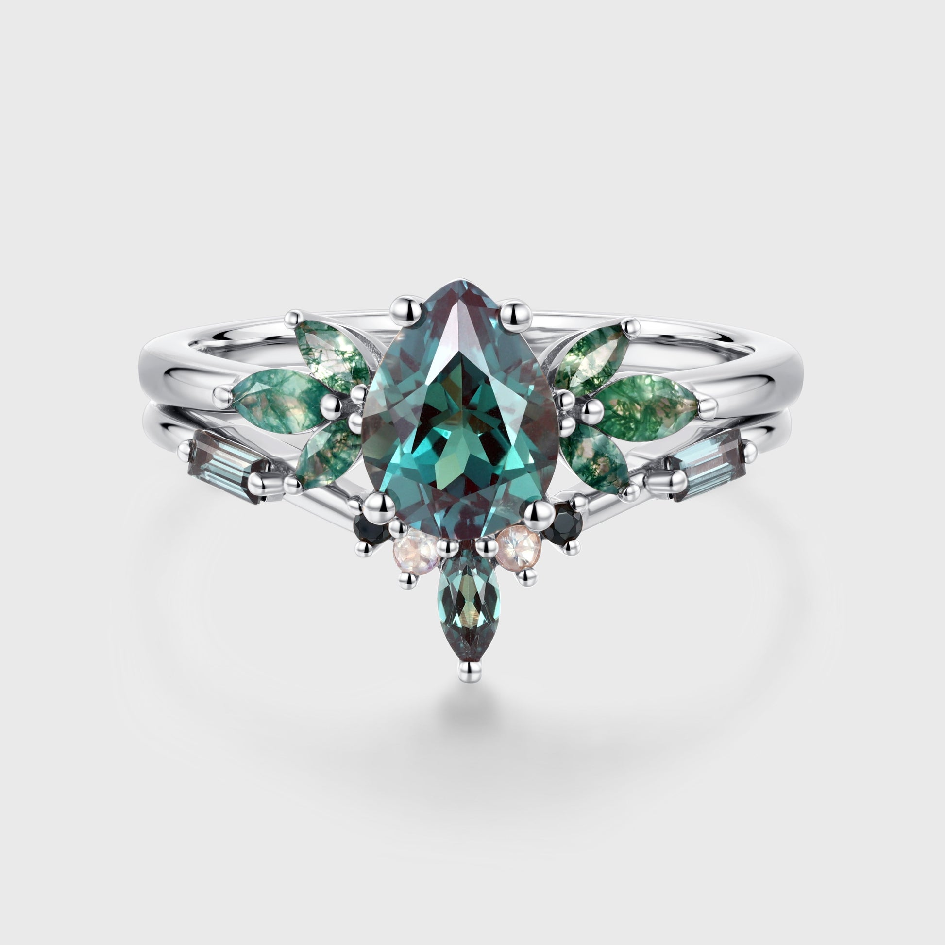 Pear cut Alexandrite Cluster Engagement Ring Set