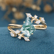 Kite Cut Natural Green Moss Agate Cluster Engagement Ring