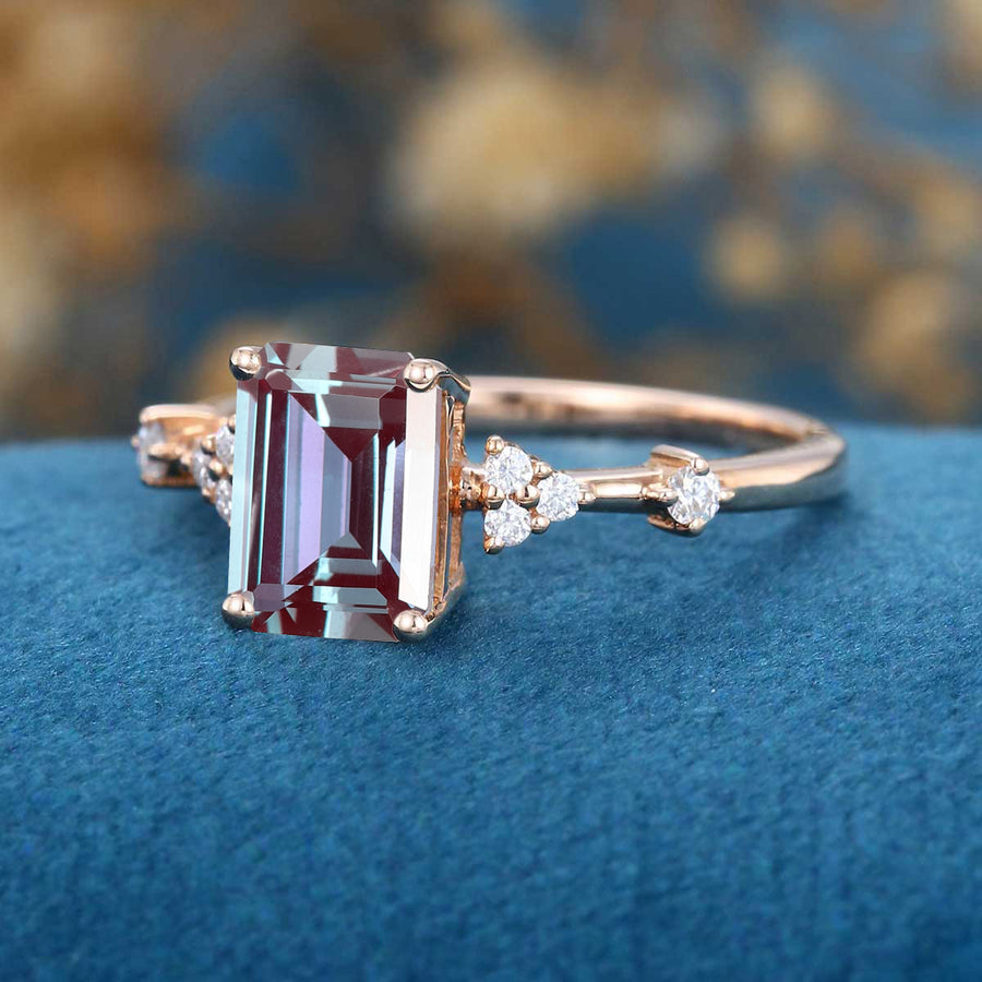 Emerald cut Alexandrite Cluster Engagement Ring 