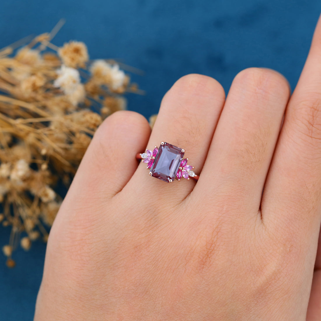 Radiant Cut lab Alexandrite  Cluster Engagement Ring