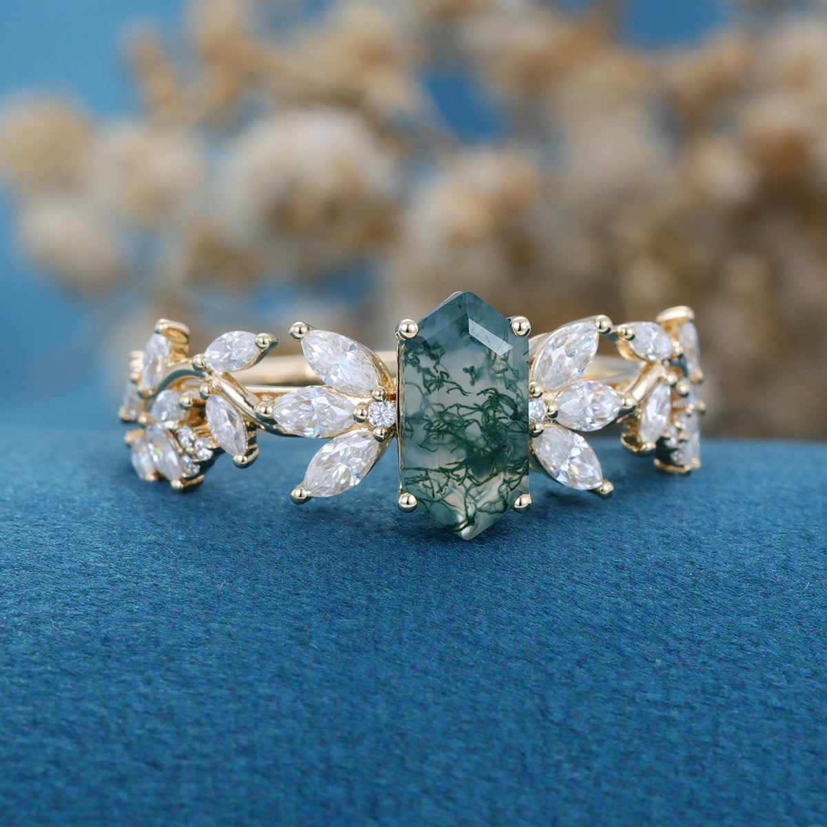 Long Hexagon cut Moss Agate Gold Engagement Ring