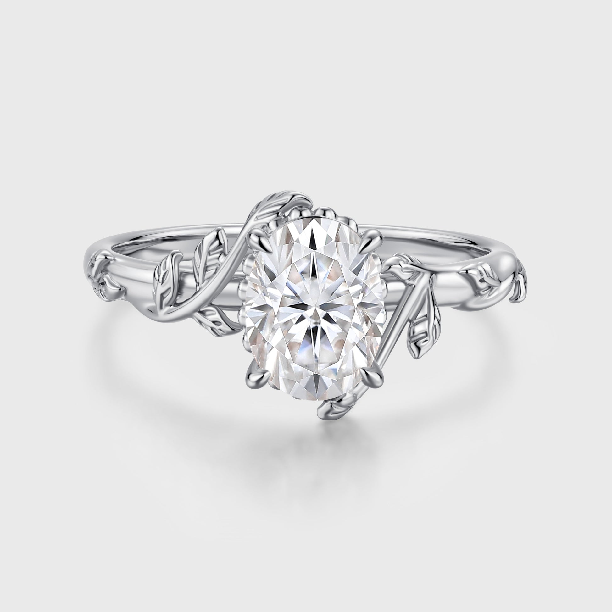 Nature Inspired Oval cut Moissanite Leaf Gold Engagement Ring