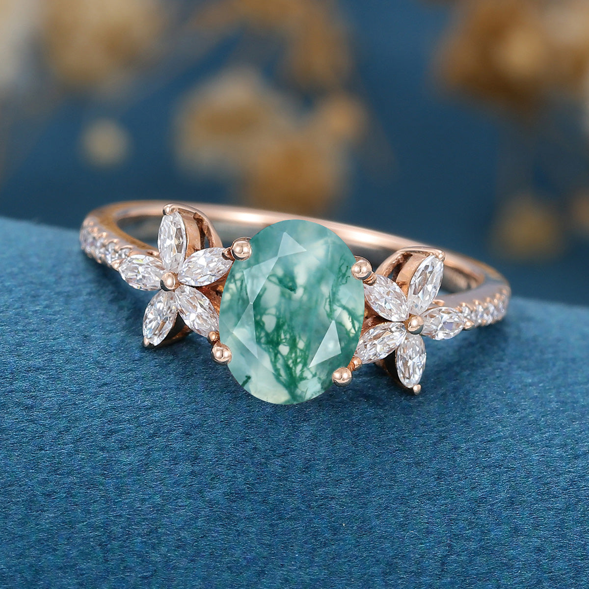 Oval Cut Natural Green Moss Agate Cluster Engagement Ring 