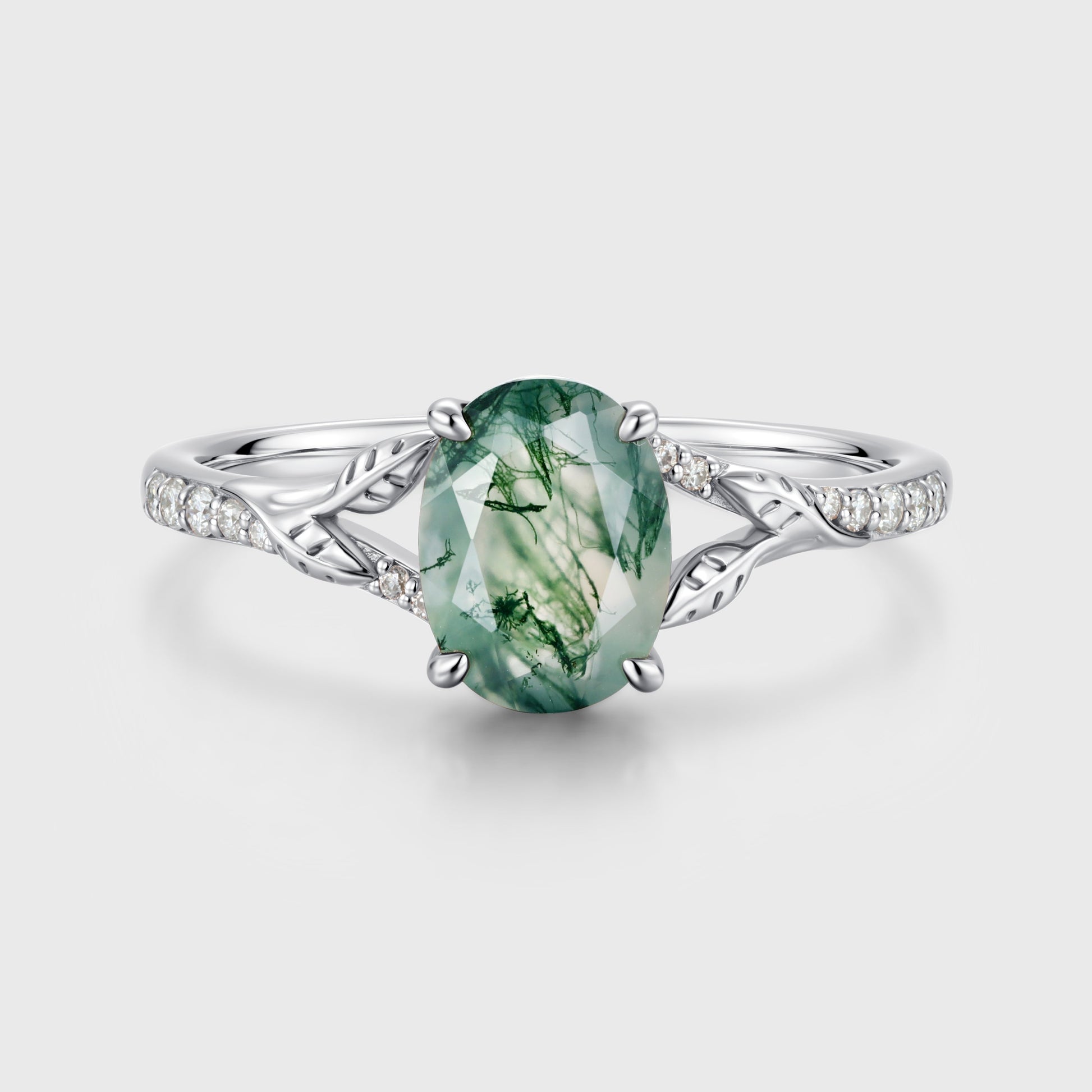 Oval cut Moss Agate Leaf Gold Pave Diamonds Engagement Ring