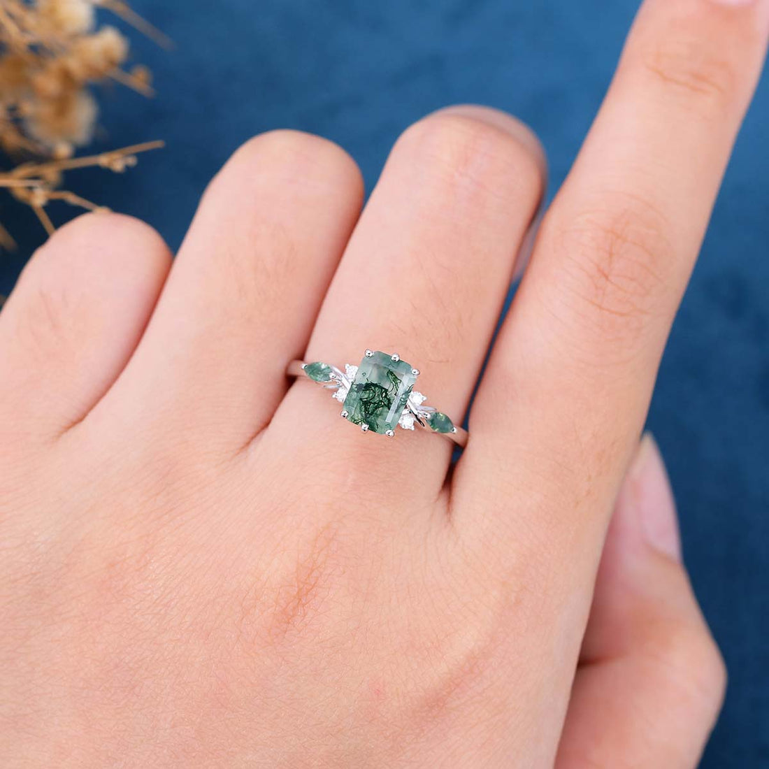 Emerald cut Moss Agate Matching Mossanite | Diamonds Gold Engagement Ring