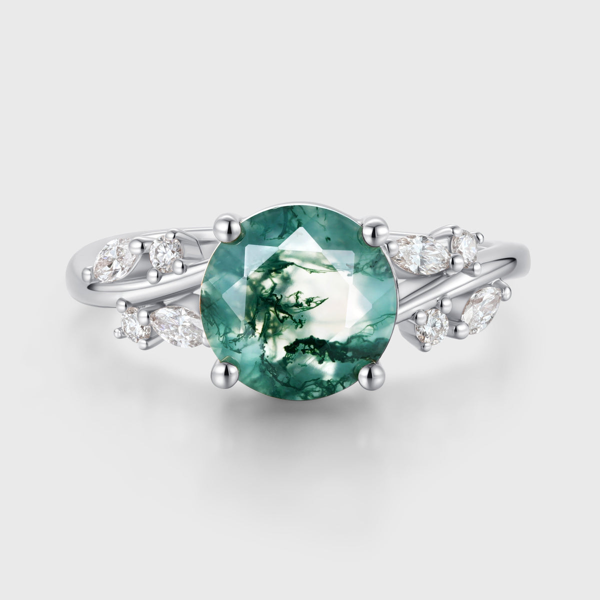 Round cut Moss Agate Matching Moissanite | Diamonds Gold Engagement Ring