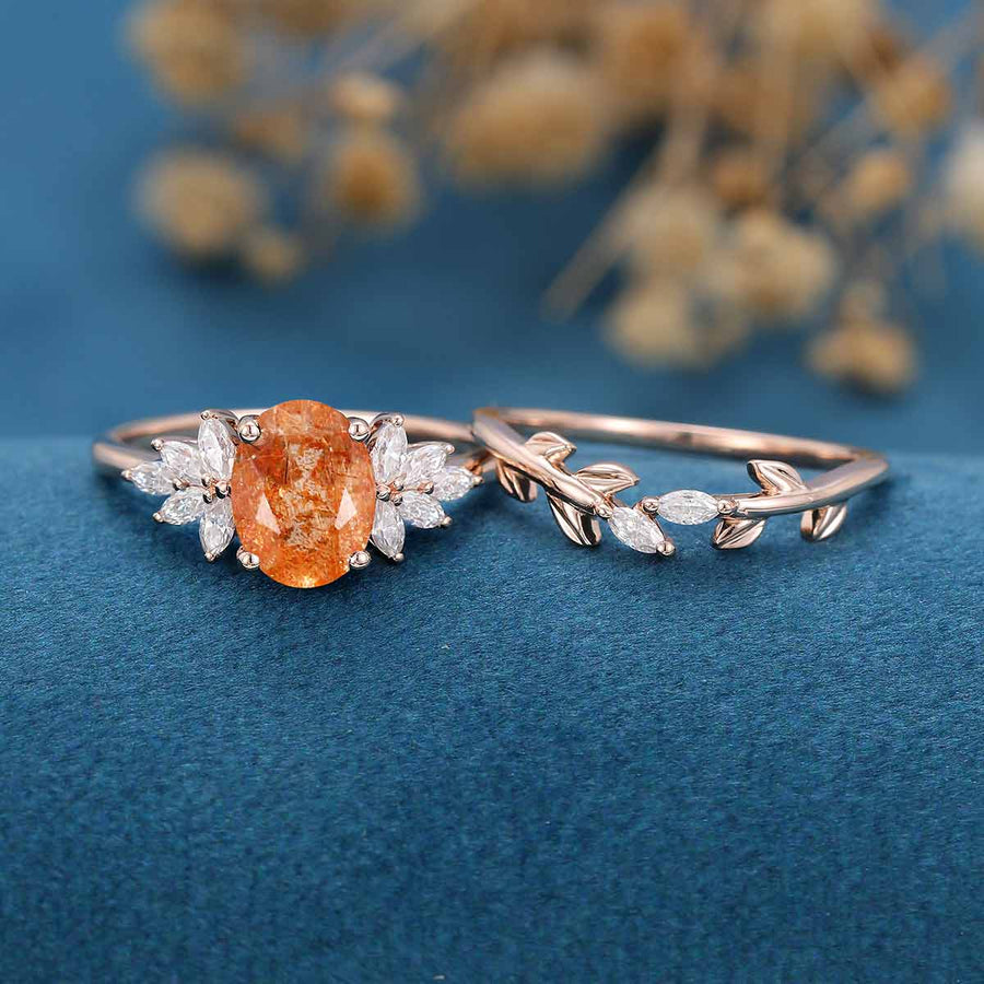 Oval cut Sunstone Cluster Engagement ring Bridal Set 