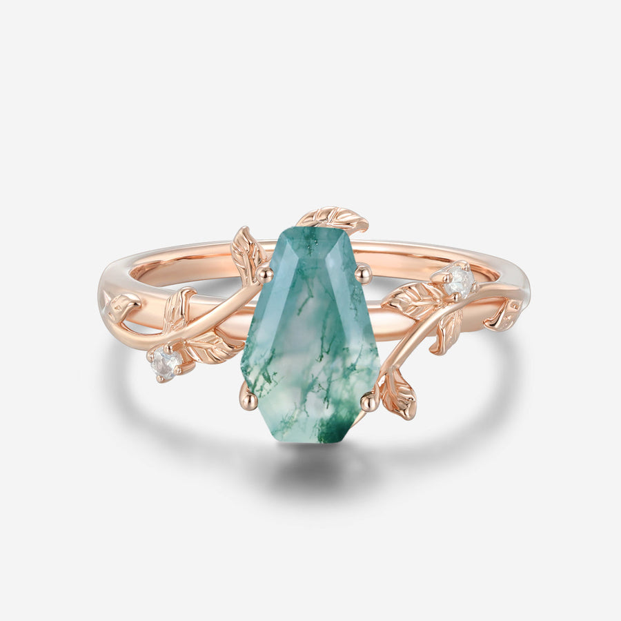 Coffin Cut Natural Green Moss Agate  Engagement Ring