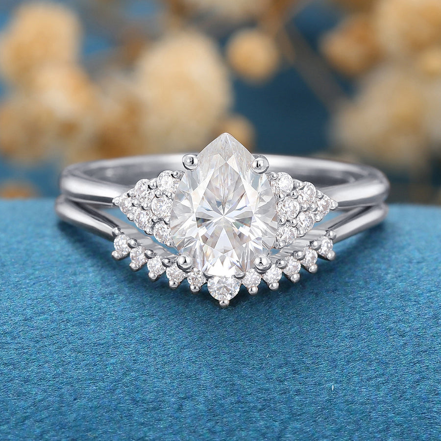 1.2 Carat Vintage Pear shaped Moissanite Engagement ring Bridal Set