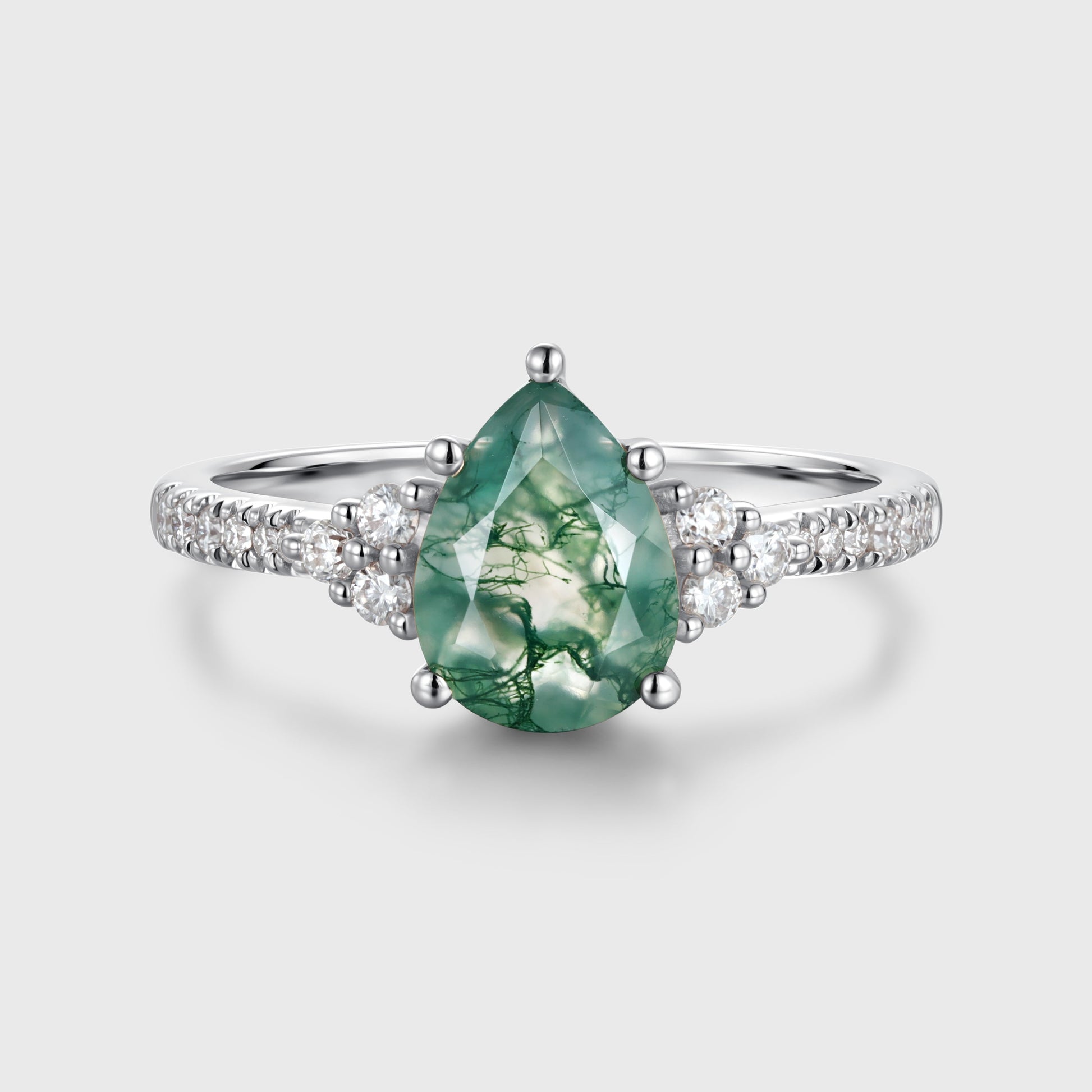 Pear Cut Natural Green Moss Agate Cluster Engagement Ring