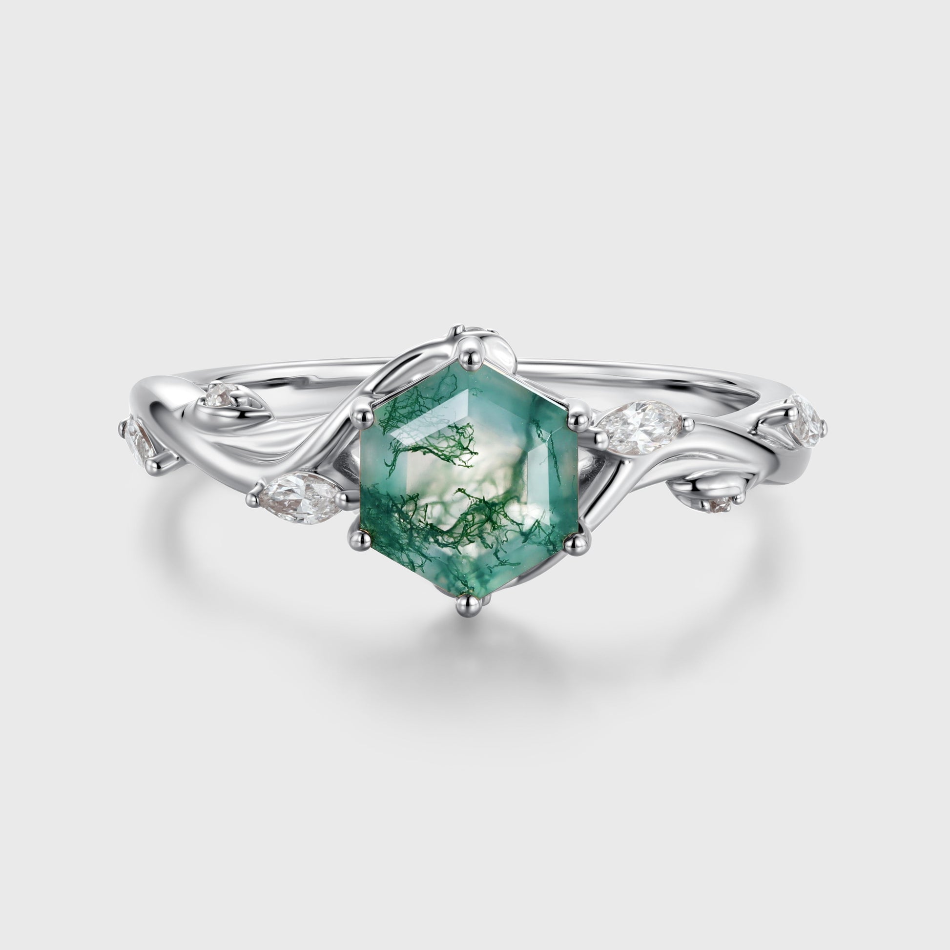 Inspired Hexagon Cut Natural Green Moss Agate  Engagement Ring