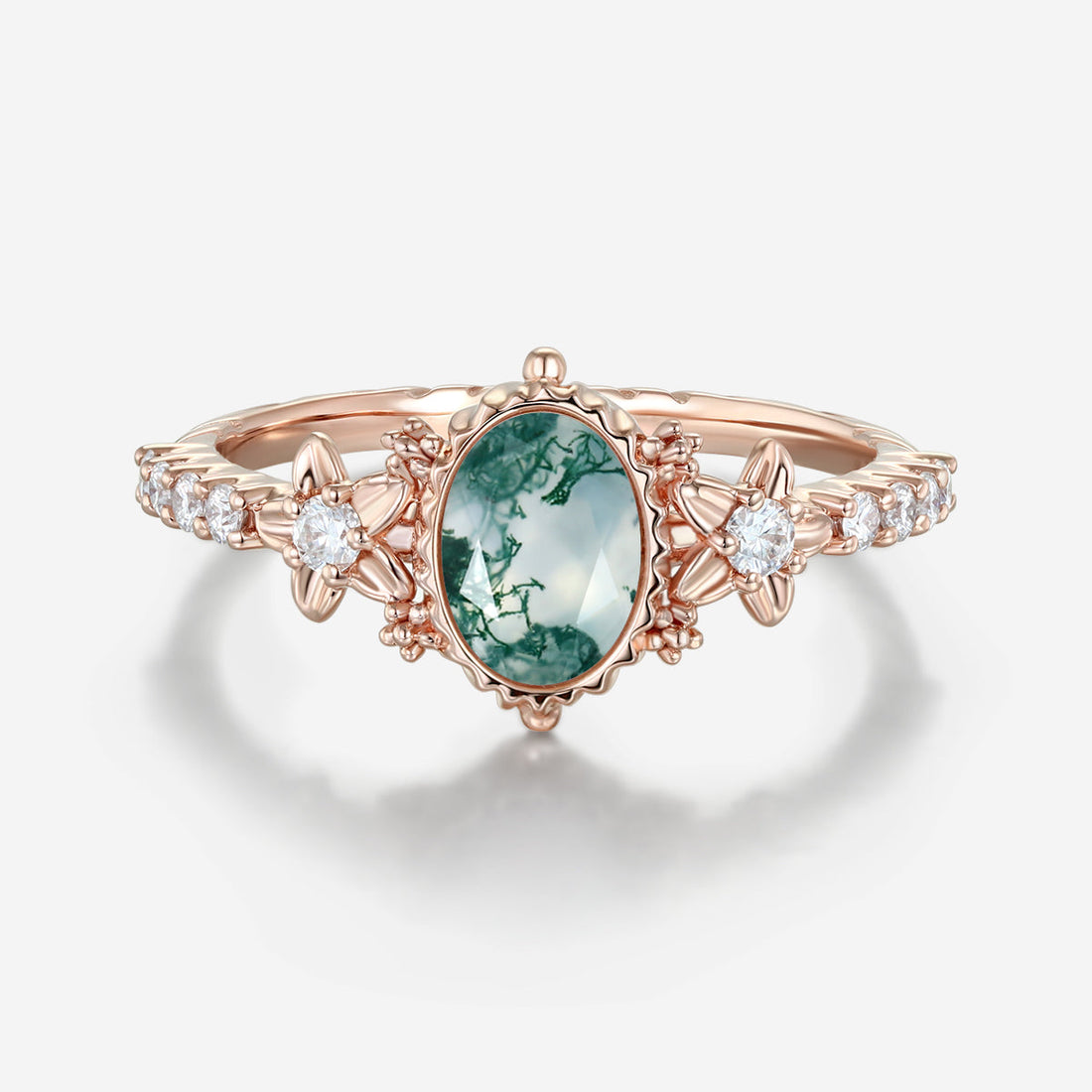 Bezel setting Oval cut Moss Agate Halo Moissanite | Diamonds Gold Engagement Ring