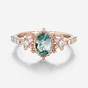 Bezel setting Oval cut Moss Agate Halo Moissanite | Diamonds Gold Engagement Ring