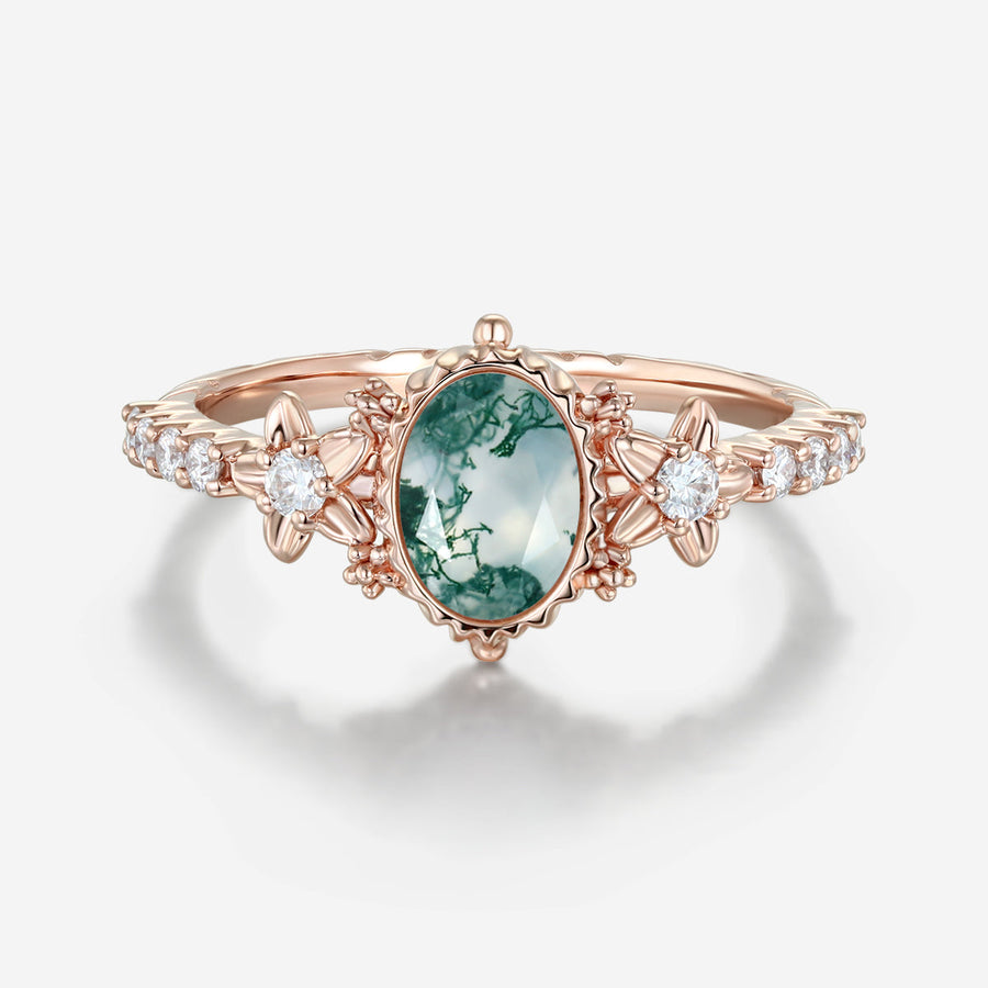Bezel setting Oval cut Moss Agate Halo Moissanite | Diamonds Gold Engagement Ring