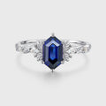 Long Hexagon cut Lab Sapphire + Diamonds Leaf Gold Engagement Ring