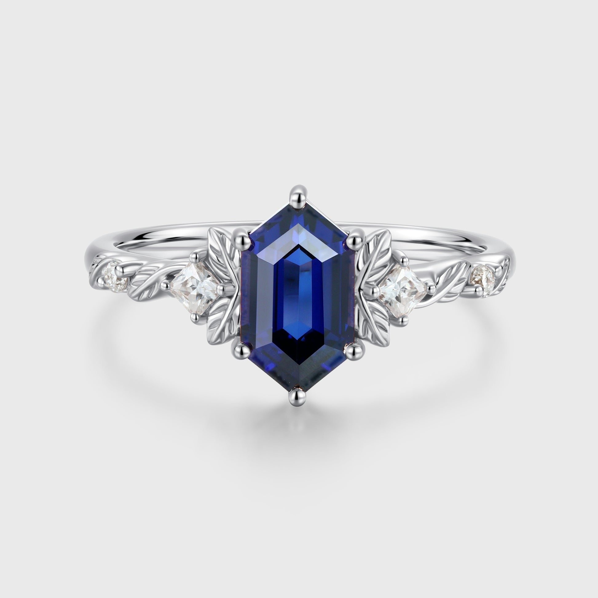 Long Hexagon cut Lab Sapphire + Diamonds Leaf Gold Engagement Ring
