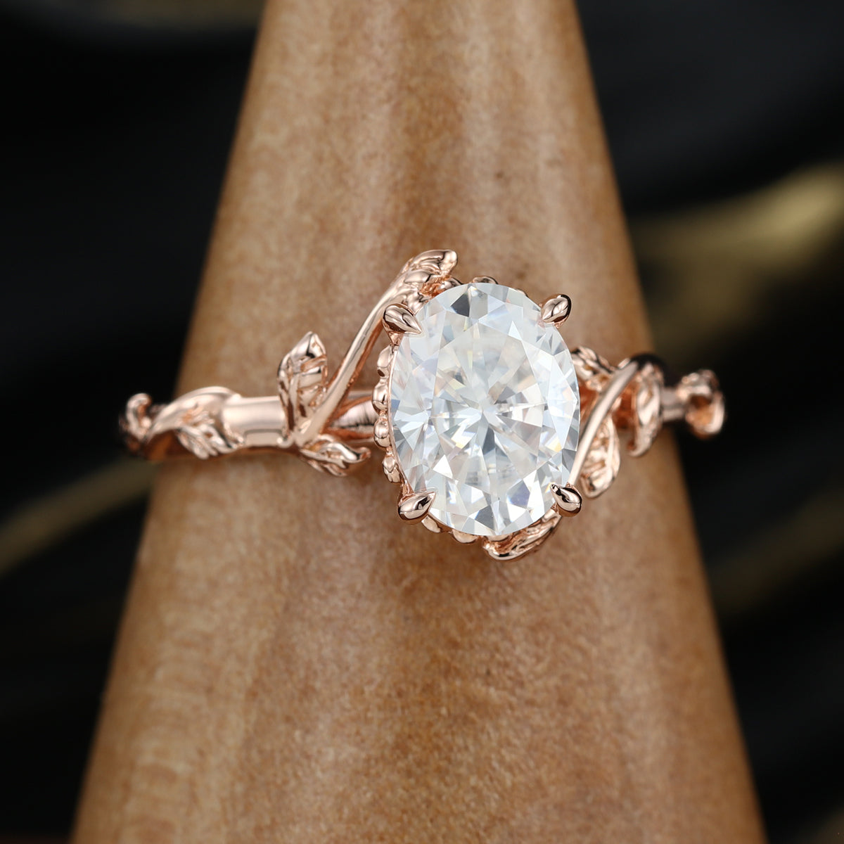 Nature Inspired Oval cut Moissanite Leaf Gold Engagement Ring