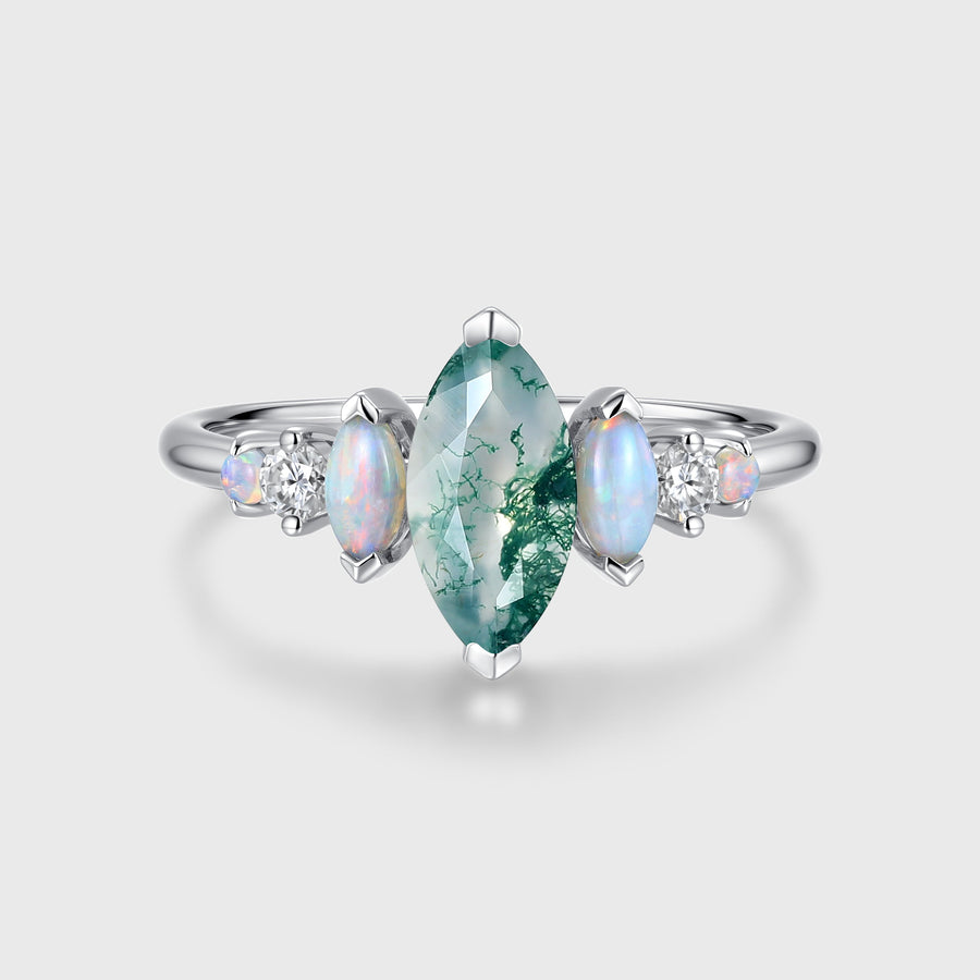 Marquise Cut Natural Moss Agate  Cluster Engagement ring