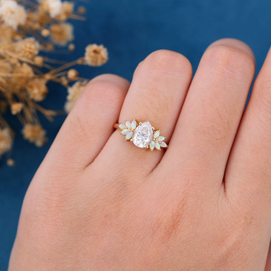 Pear cut Moissanite Cluster Opal Engagement ring