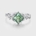 Nature Inspired Princess cut Moss Agate Damonds Leaf Gold Engagement Ring
