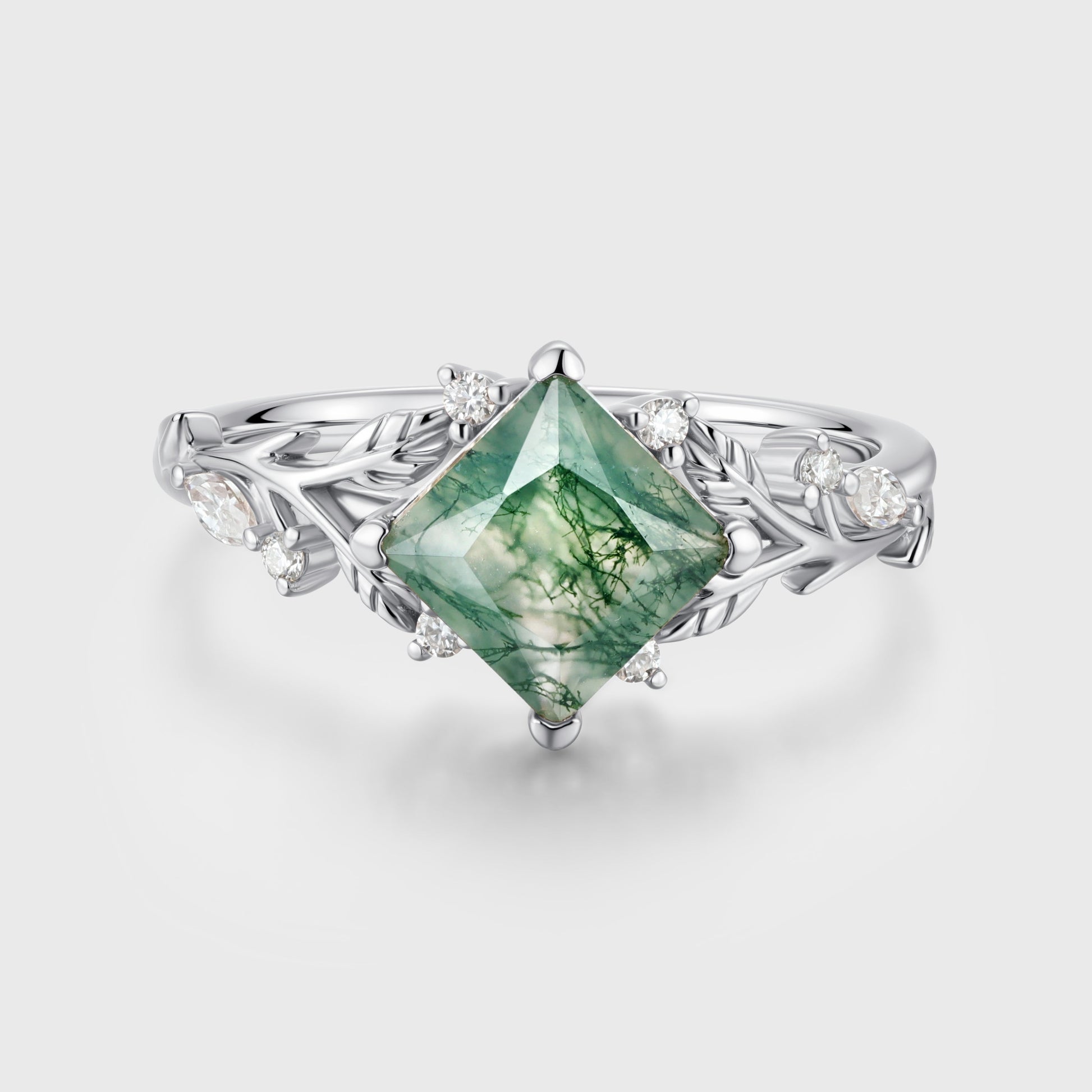 Nature Inspired Princess cut Moss Agate Damonds Leaf Gold Engagement Ring