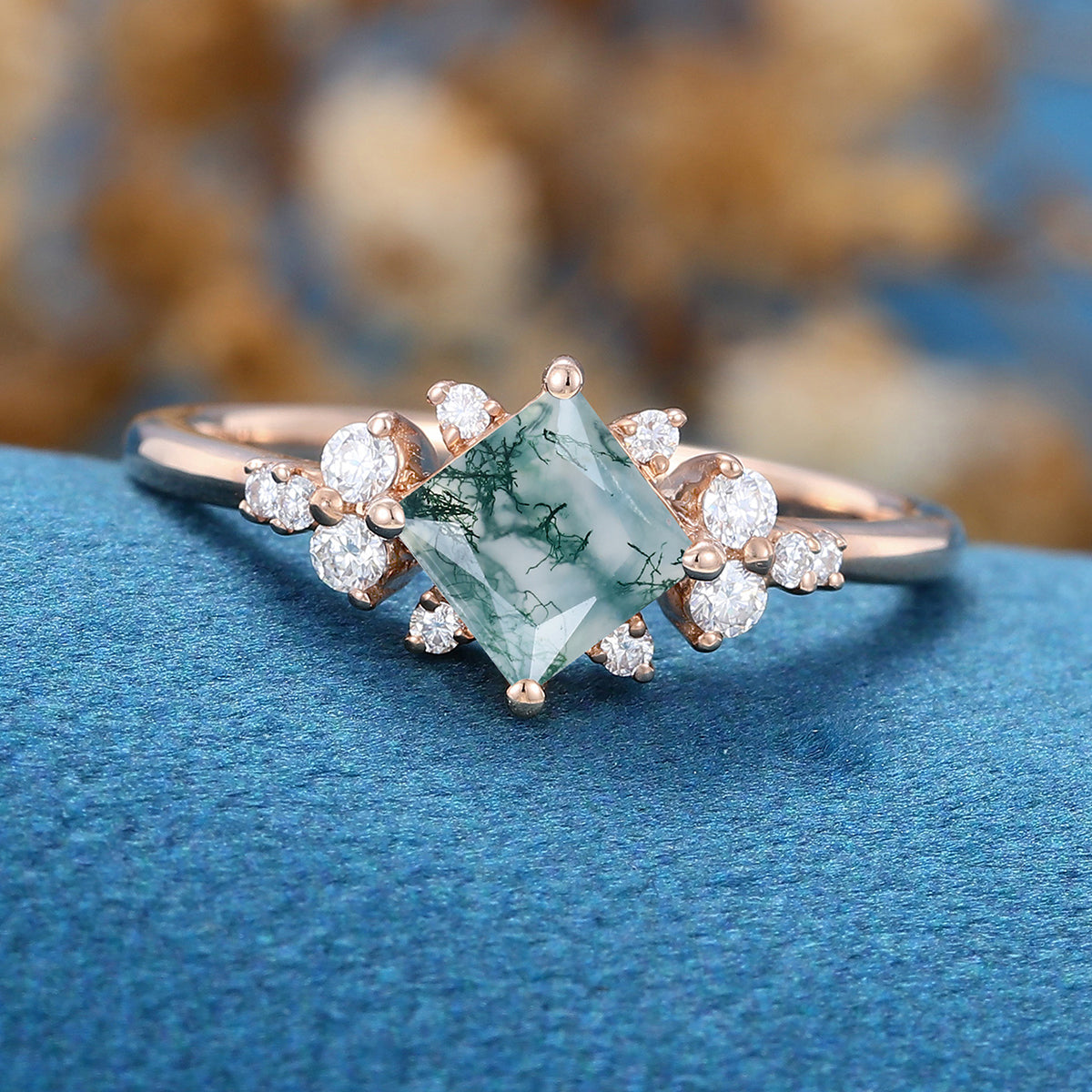 Princess Square  Cut Natural Green Moss Agate Cluster Engagement Ring 