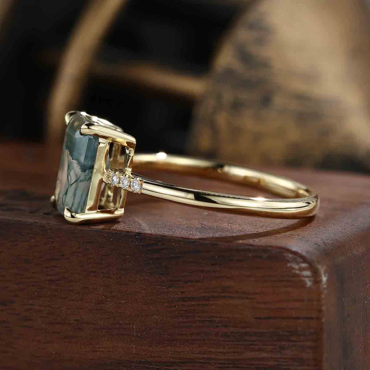 Emerald cut Moss Agate Side Stone Engagement Ring