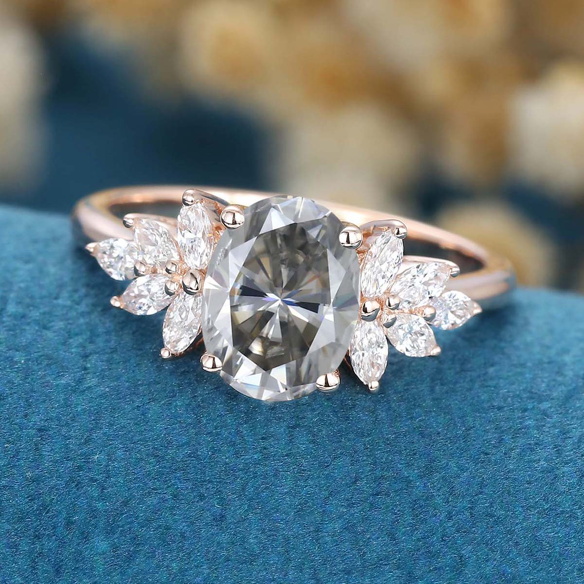 Oval cut Gray Moissanite Cluster Engagement Ring 