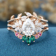 Oval cut Moissanite Matching Diamonds | Lab Grown Emerald |  Natural Pink Sapphires  Rose Gold Wedding Bridal Set