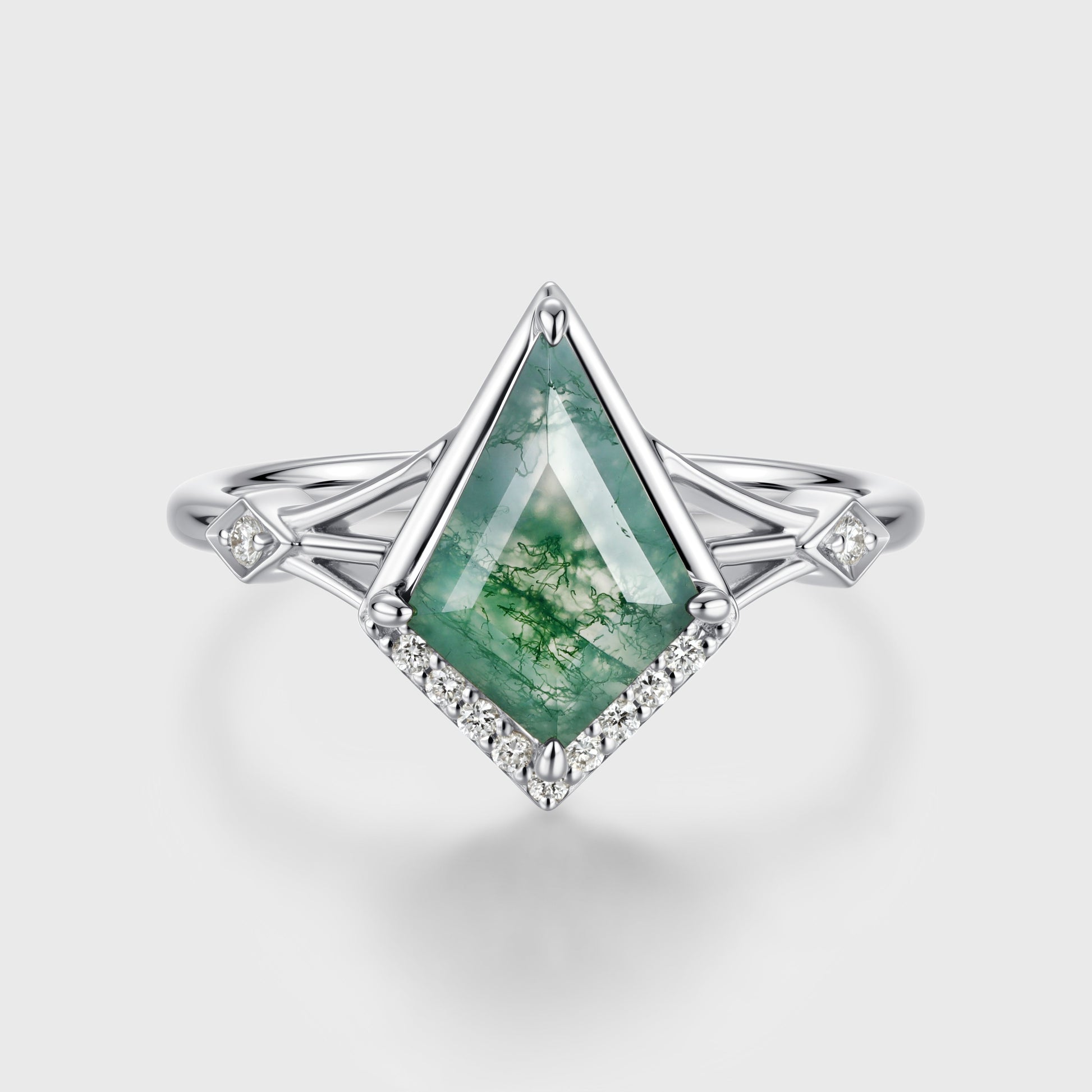 Bezel Set Kite cut Moss Agate Solid Gold Pave Diamonds Engagement Ring