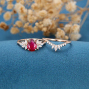 Pear cut Lab Ruby Cluster Engagement ring Bridal Set 