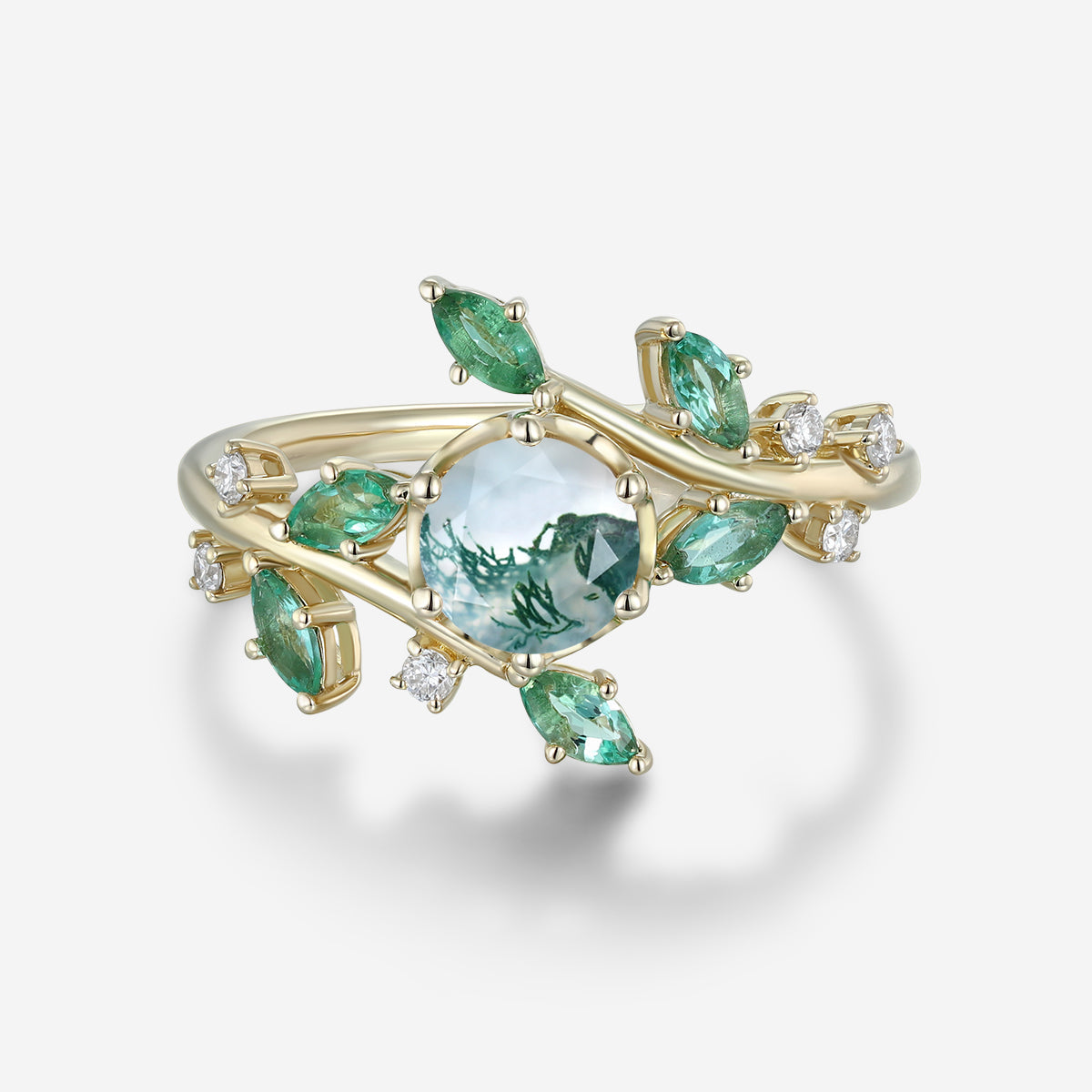 Nature Inspired Round cut Moss Agate cluster Gold Engagement Ring