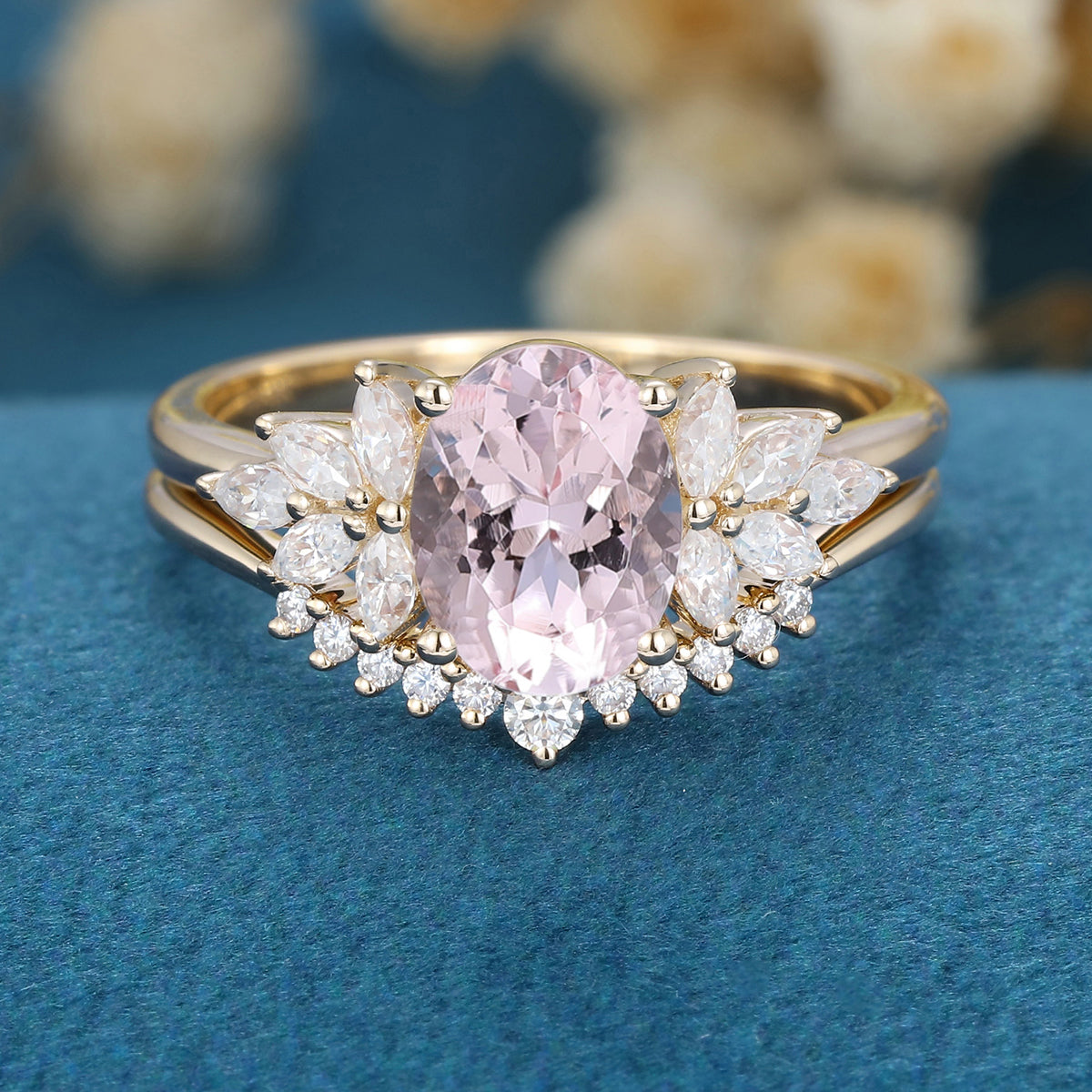 Oval Cut Morganite Cluster Engagement ring Bridal Set