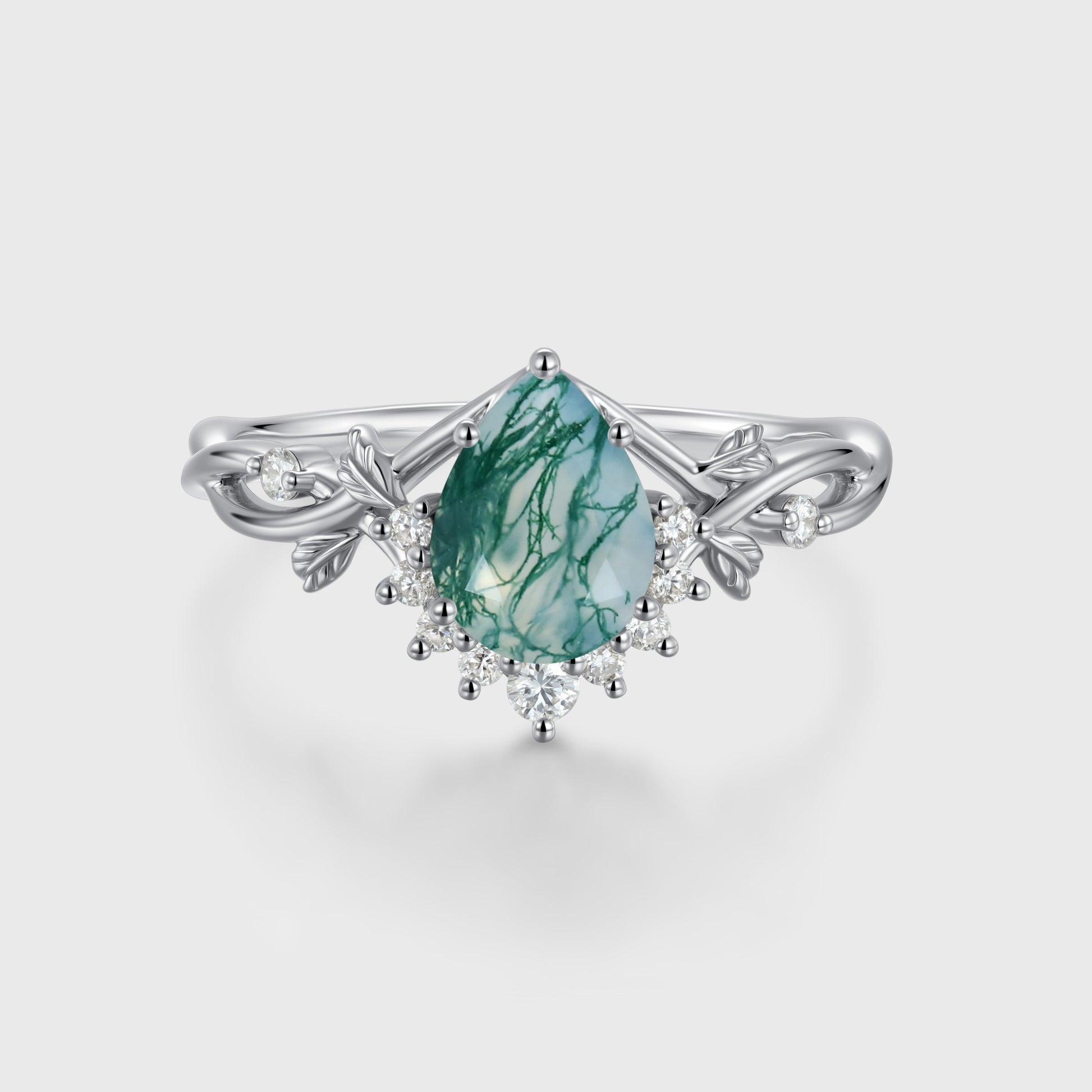 Nature Inspired Pear cut Moss Agate Leaf Gold Engagement Ring