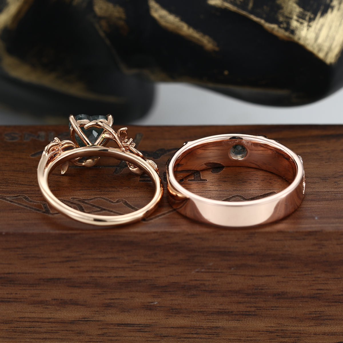 Forever Glow Moss Agate Couple Rings | Rose Gold Leaf Wedding Bridal Set
