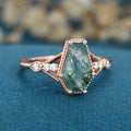 Coffin cut Moss Agate Solid Gold Engagement Ring