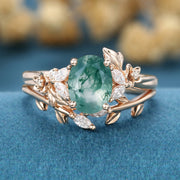 Nature Inspired Oval cut Moss Agate Leaf Gold Ring set (Copy)