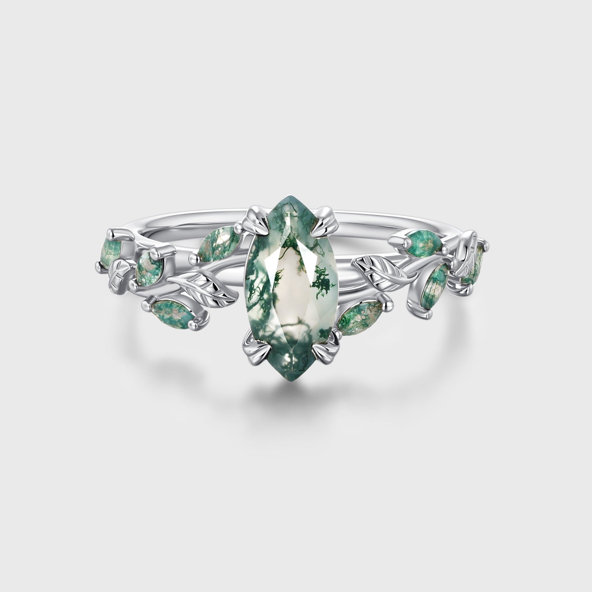 Nature Inspired Marquise cut Moss Agate Solid Gold Engagement Ring