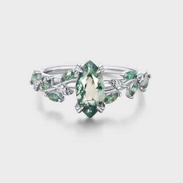Nature Inspired Marquise cut Moss Agate Solid Gold Engagement Ring