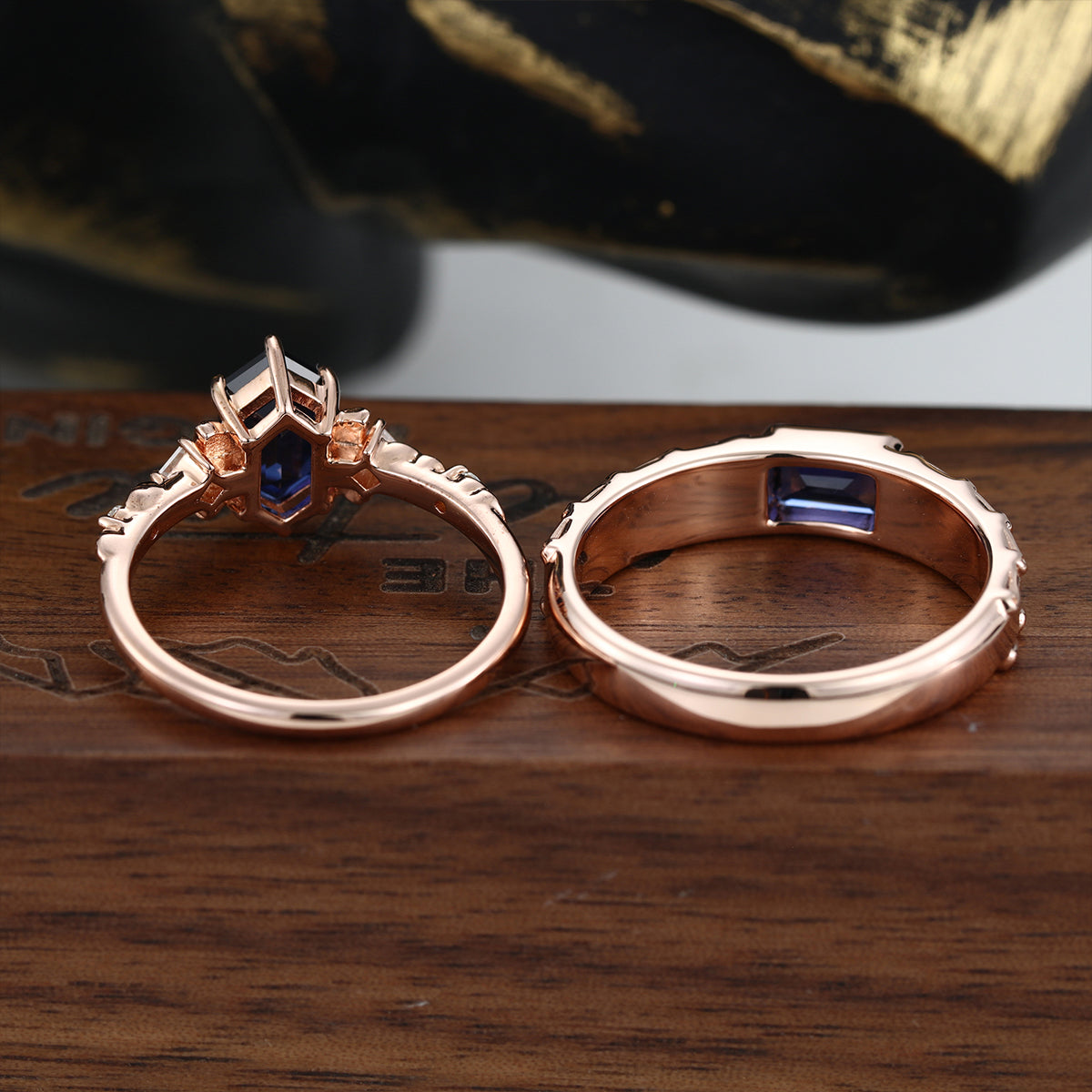 Forever Glow Lab Sapphire Couple Rings | Rose Gold Leaf Wedding Bridal Set