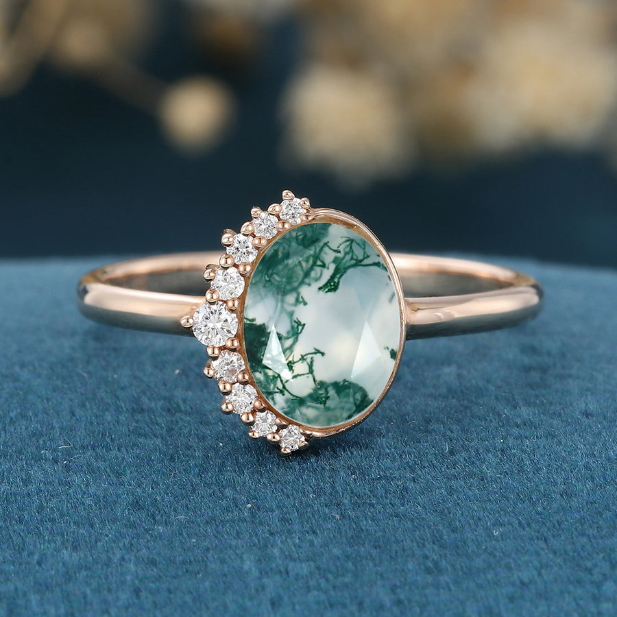 Bezel setting Oval cut Moss Agate Halo Moissanite | Diamonds Gold Engagement Ring